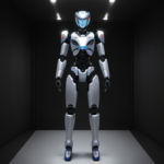 Silver humanoid robot with blue face.